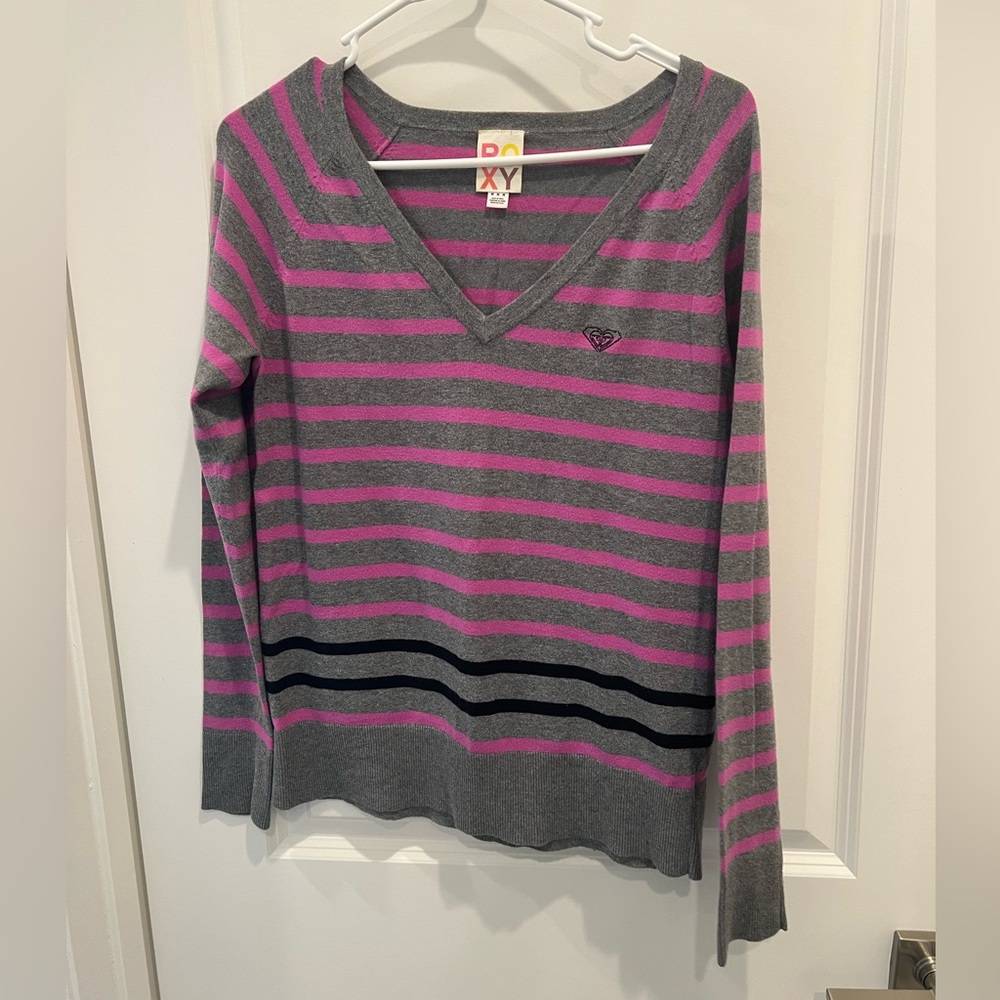 Roxy V-Neck Sweater in Gray and Pink Stripes